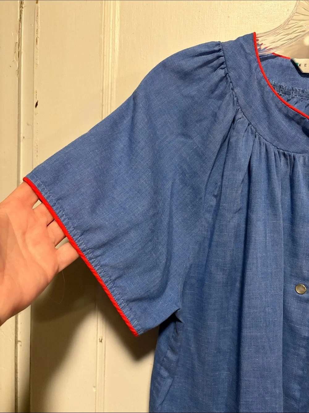 Vintage Kelly Reed Sz M House Coat Chambray Snap Front Patch Pocket Grannycore